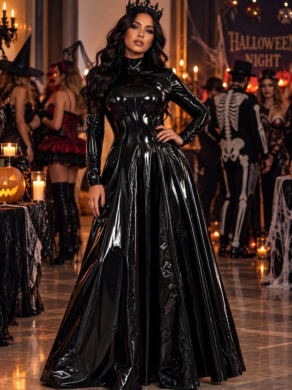 🖤 Black Patent
High-Shine Long Sleeve Maxi Dress, Gothic Halloween Costume